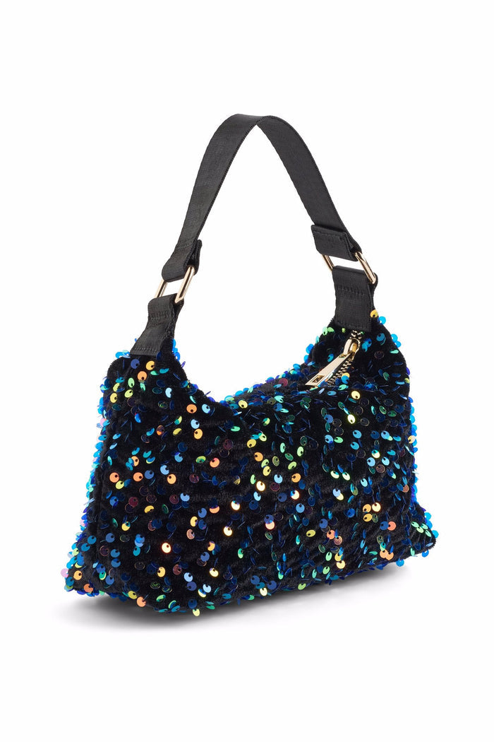 Black handbag with colorful sequins on a white background