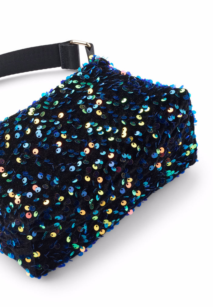 Black sequin clutch bag on a white background