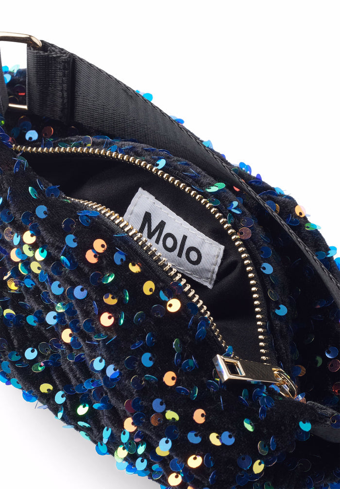 Navy sequin bag with a visible brand label on a white background