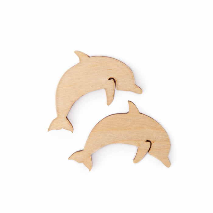 Two wooden dolphin-shaped yarn bobbins in small and large sizes on a white background