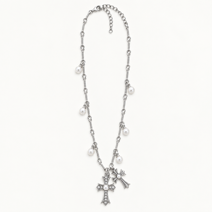 Double Cross Pearl Drop Necklace