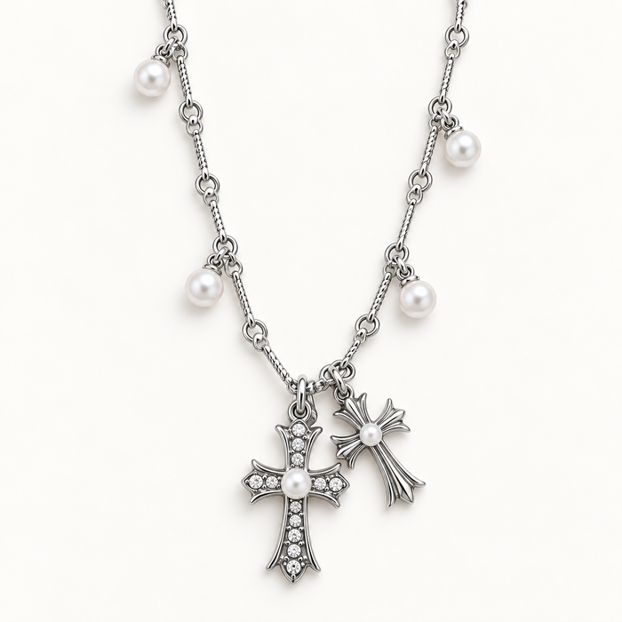 Double Cross Pearl Drop Necklace