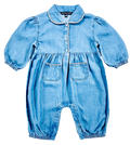A baby romper in light blue denim with a Peter Pan collar, buttoned front, puffed sleeves, elastic cuffs, and front patch pockets, shown on a plain white background.