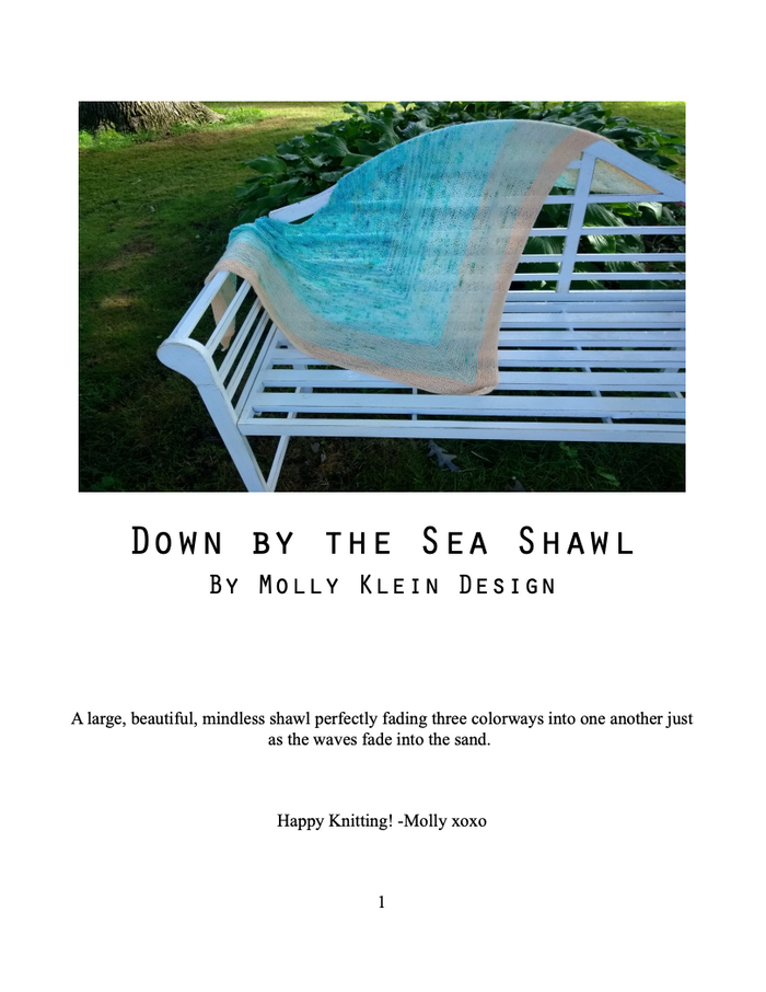 Cover page of the Down By The Sea Shawl PDF knitting pattern by Molly Klein Design, showing the finished shawl draped over a white garden bench outdoors