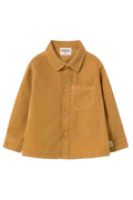 A mustard yellow long-sleeve button-up shirt with a pointed collar and a chest pocket, laid flat against a light gray background.