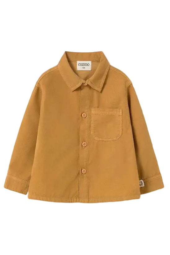 A mustard yellow long-sleeve button-up shirt with a pointed collar and a chest pocket, laid flat against a light gray background.