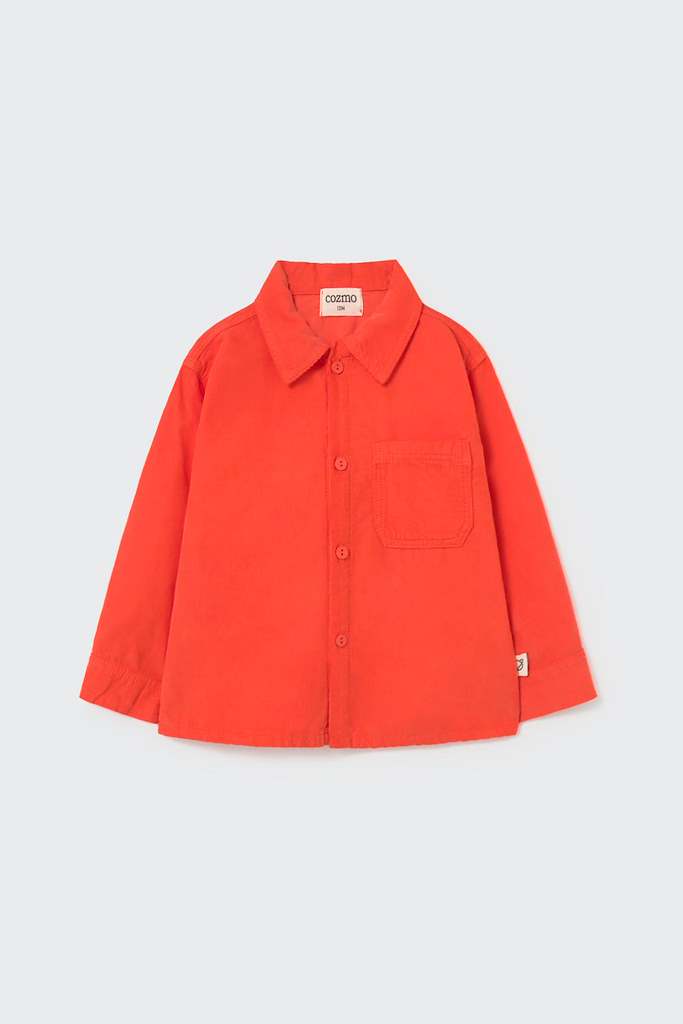 A bright orange long-sleeve button-up shirt with a classic collar and a single chest pocket, displayed flat against a light gray background.