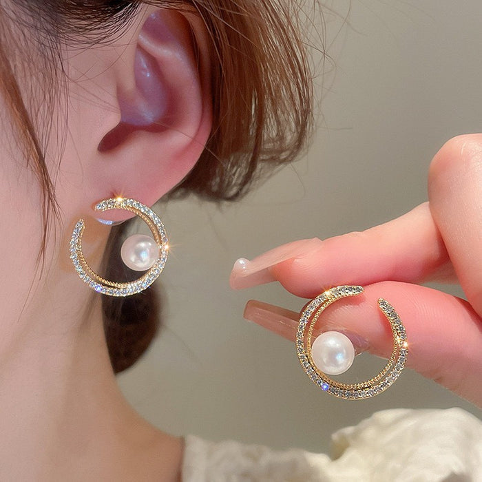 Ear Studs Pearl Niche Design Shiny Diamond