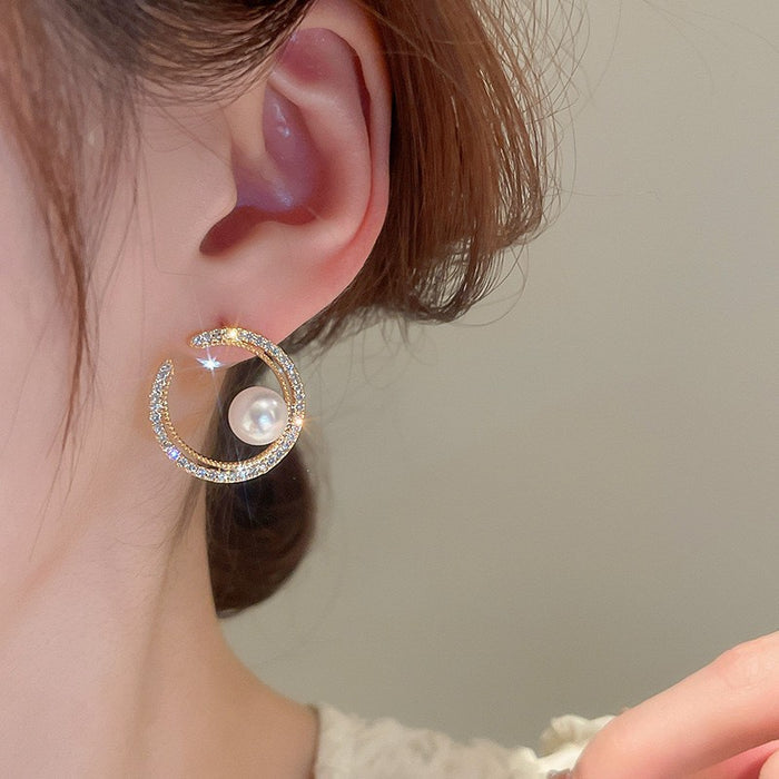 Ear Studs Pearl Niche Design Shiny Diamond