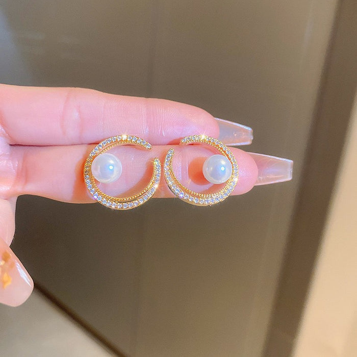 Ear Studs Pearl Niche Design Shiny Diamond