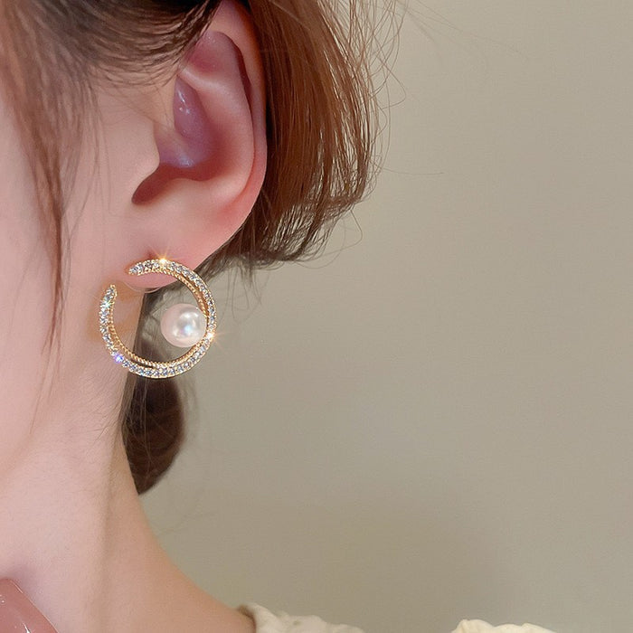 Ear Studs Pearl Niche Design Shiny Diamond