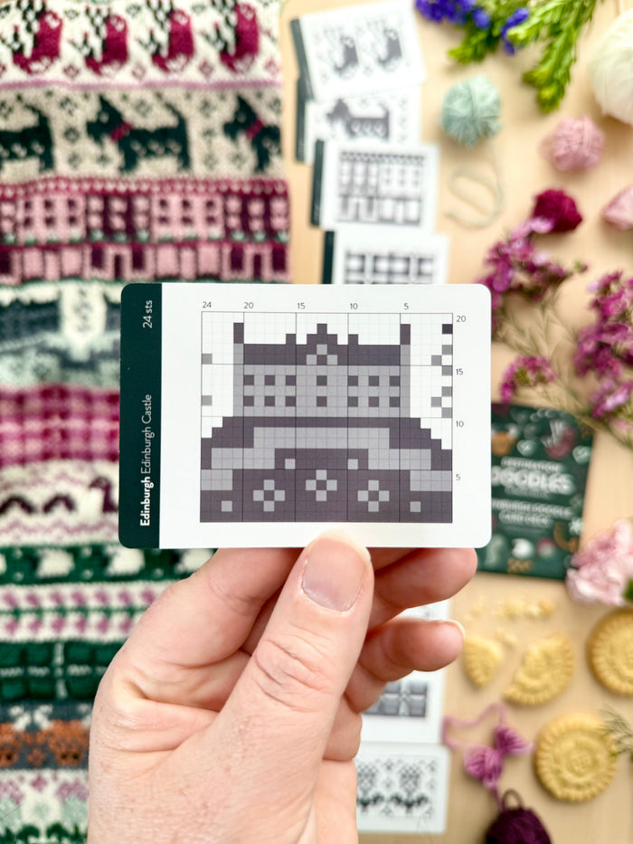 Hand holding an Edinburgh Doodle Edinburgh Castle colorwork chart card