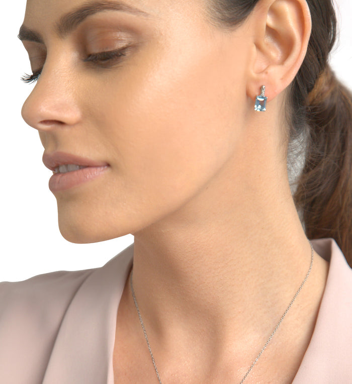 Emerald-Cut Blue Topaz & Diamond Earrings