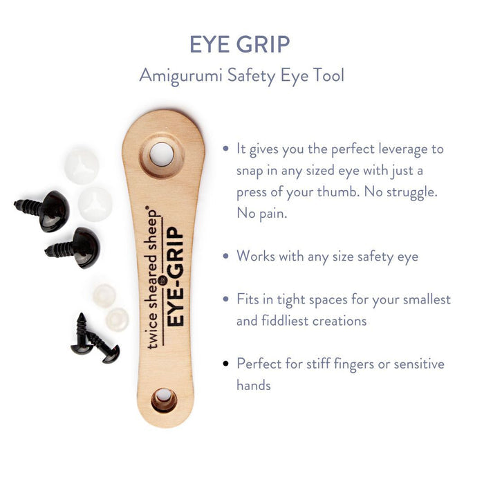 Eye Grip infographic showing the wooden safety eye tool with features including perfect leverage for any sized eye, works with any size, fits tight spaces, and ideal for stiff fingers or sensitive hands