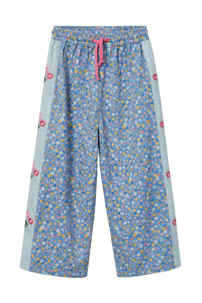 Floral-patterned pants with a pink drawstring on a white background
