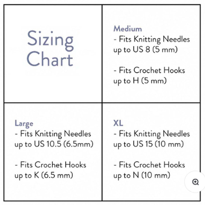 Stitch marker sizing chart showing Small fits US 4, Medium fits US 8, Large fits US 10.5, and XL fits US 15 knitting needles