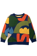 A long-sleeve crewneck sweatshirt featuring a colorful abstract geometric pattern with navy blue, green, orange, yellow, and light blue shapes, displayed flat against a white background.