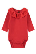 Red baby bodysuit with eyelet collar on a white background