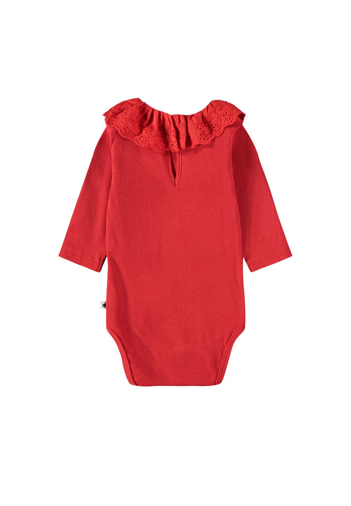 Red baby onesie with a ruffled collar on a white background