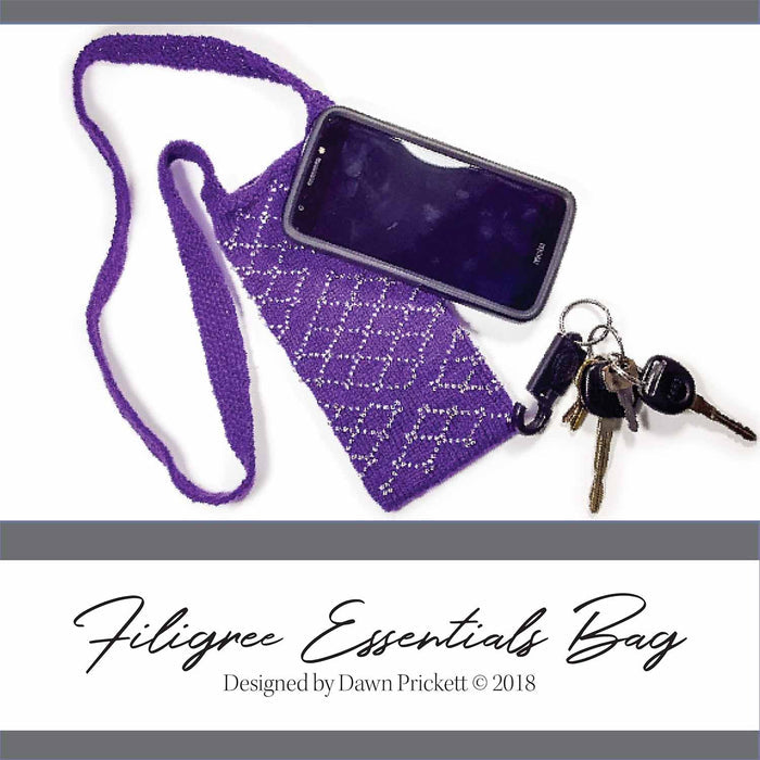 Filigree Essentials Bag pattern cover showing purple beaded knitted crossbody bag with phone and keys by Dawn Prickett