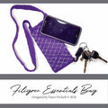 Filigree Essentials Bag pattern cover showing purple beaded knitted crossbody bag with phone and keys by Dawn Prickett