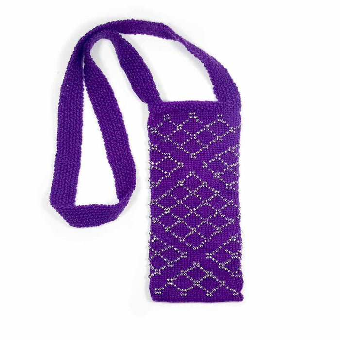 Purple beaded knitted Filigree Essentials crossbody bag showing full diamond bead pattern and shoulder strap