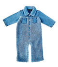 A baby's long-sleeve denim jumpsuit with a plush sherpa collar and matching fleece body, featuring snap-front closure and chest pockets, shown on a plain white background.