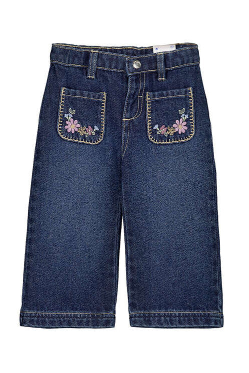 Blue jeans with floral embroidery on pockets on a white background