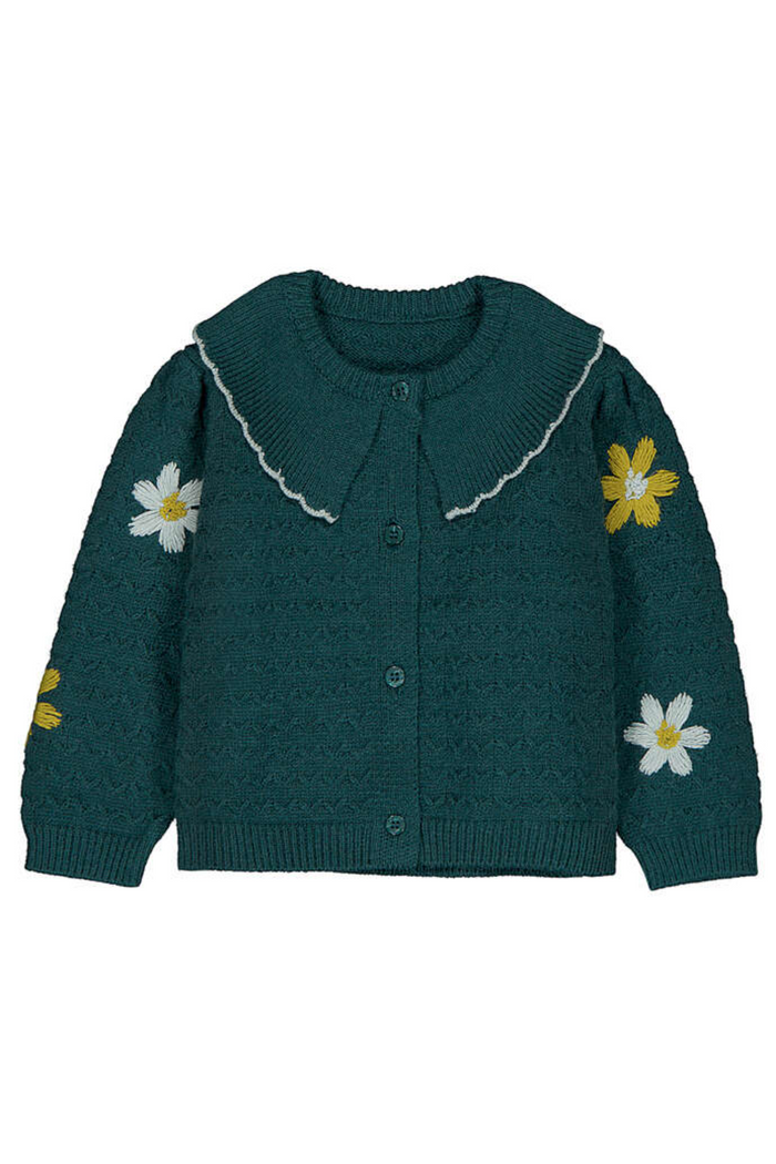 Green knitted cardigan with floral patterns on a white background