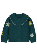 Green knitted cardigan with floral patterns on a white background