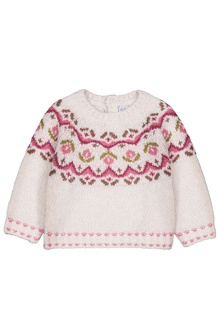 Knitted sweater with pink and green pattern on a white background