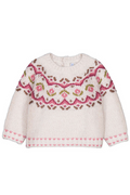 Knitted sweater with pink and green pattern on a white background