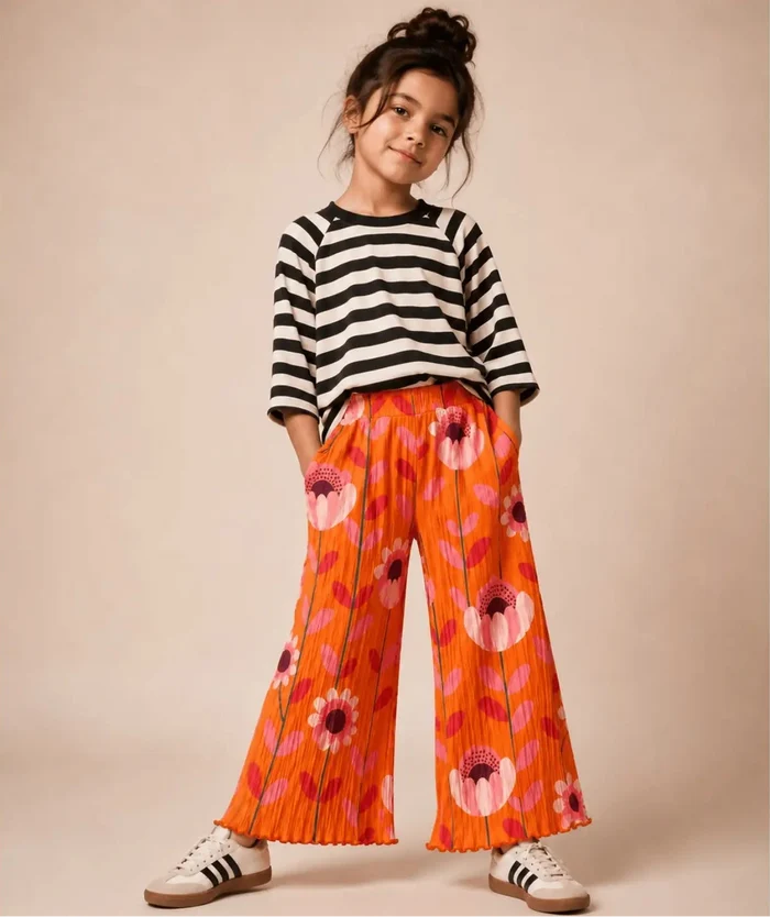 Child wearing a black and white striped shirt with orange floral pants on a beige background