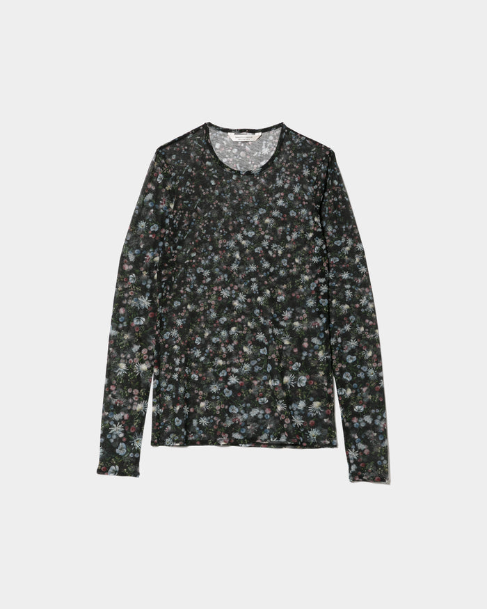 flower sheer jersey tight-fit crew neck top