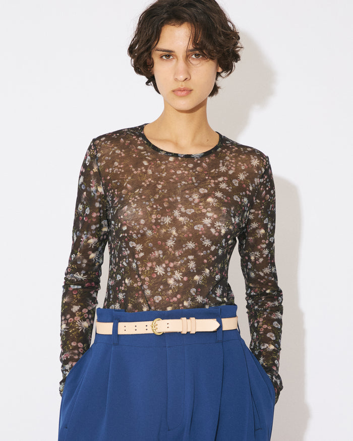 flower sheer jersey tight-fit crew neck top