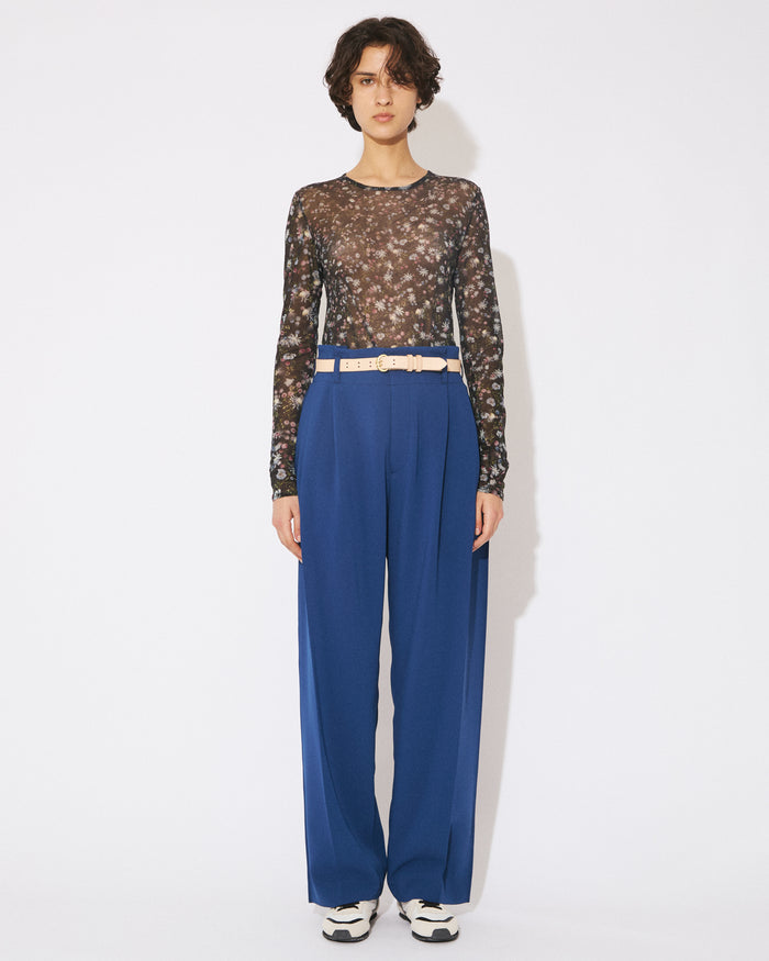 flower sheer jersey tight-fit crew neck top