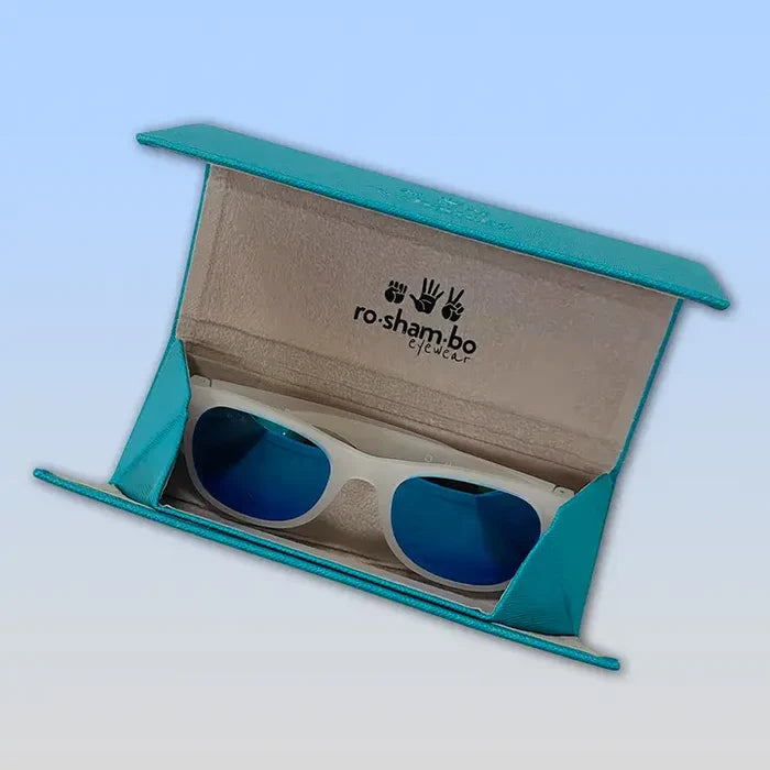 Blue sunglasses in a teal case with 'ro-sham-bo' branding on a light blue background