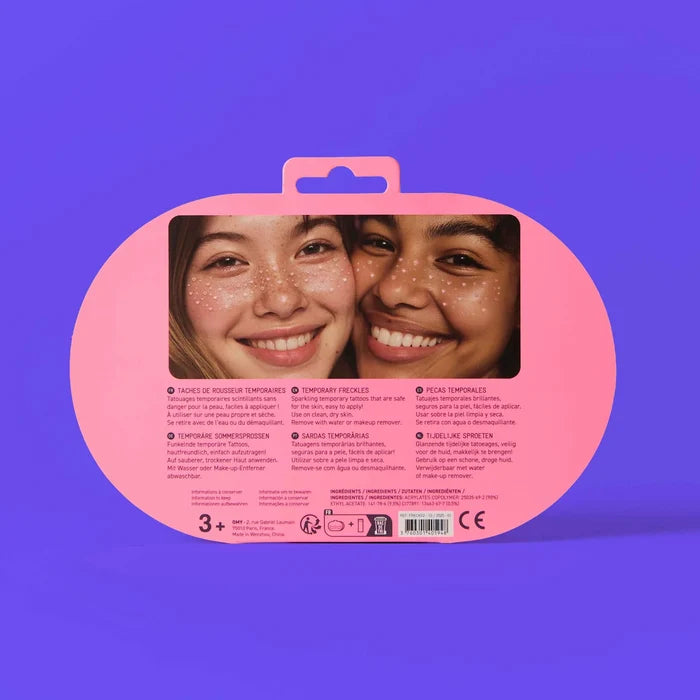 Pink packaging with images of two people and text on a purple background