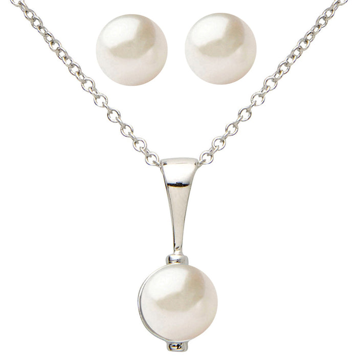 photo of 7mm white freshwater button pearl earring and necklace set, set in sterling silver with an 18" cable chain