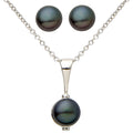 photo of 7mm black freshwater button pearl earring and necklace set, set in sterling silver with an 18" cable chain