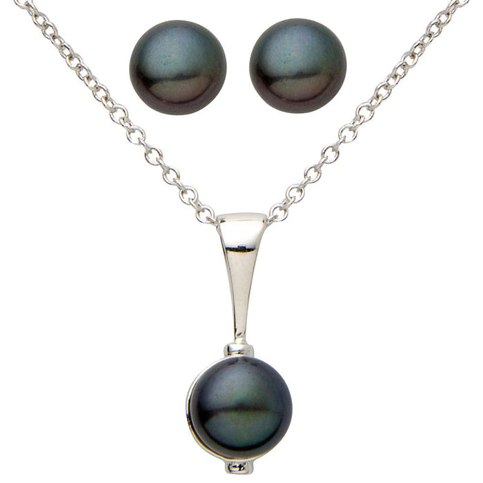 photo of 7mm black freshwater button pearl earring and necklace set, set in sterling silver with an 18" cable chain