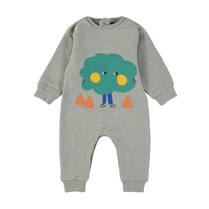 A baby's long-sleeve heather gray footless romper featuring a cartoon graphic of a green tree with yellow cheeks and blue legs, set against a plain white background.