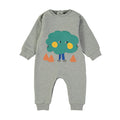 A baby's long-sleeve heather gray footless romper featuring a cartoon graphic of a green tree with yellow cheeks and blue legs, set against a plain white background.
