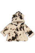 Children's fur coat with a spotted pattern on a white background