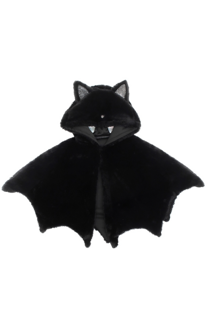 A black plush bat costume hood with attached wings, shown against a plain white background.