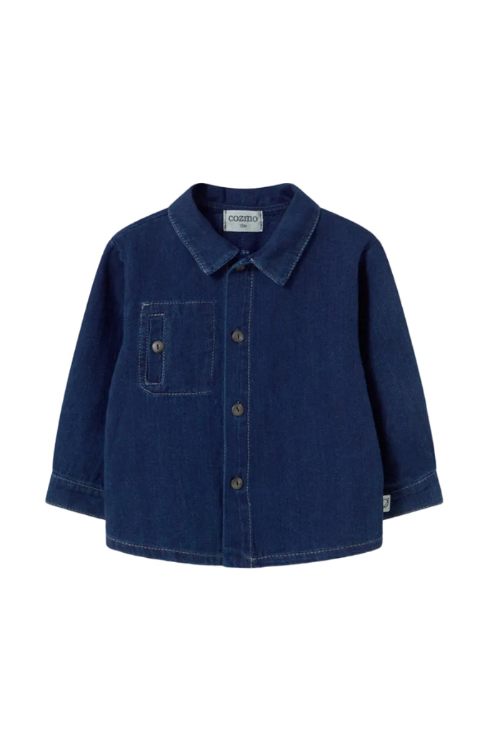 Blue denim shirt on a light gray background