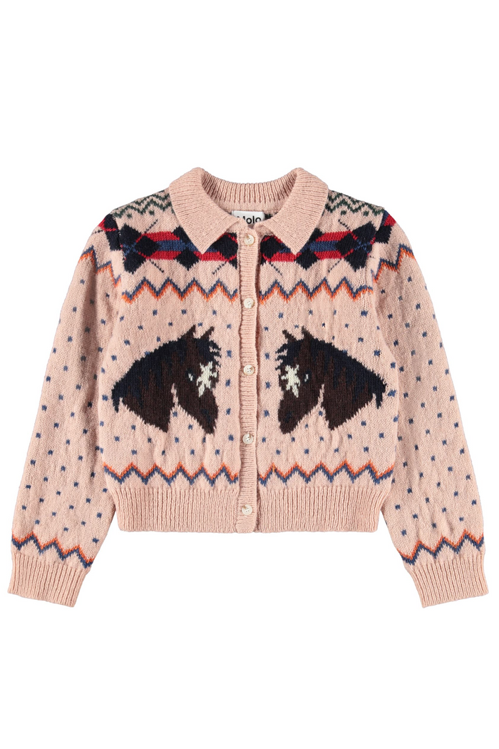 Pink knit cardigan with horse head design