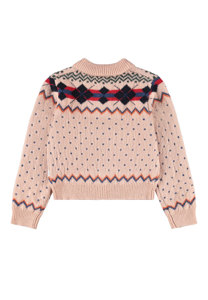 Pink sweater with patterned back on a white background