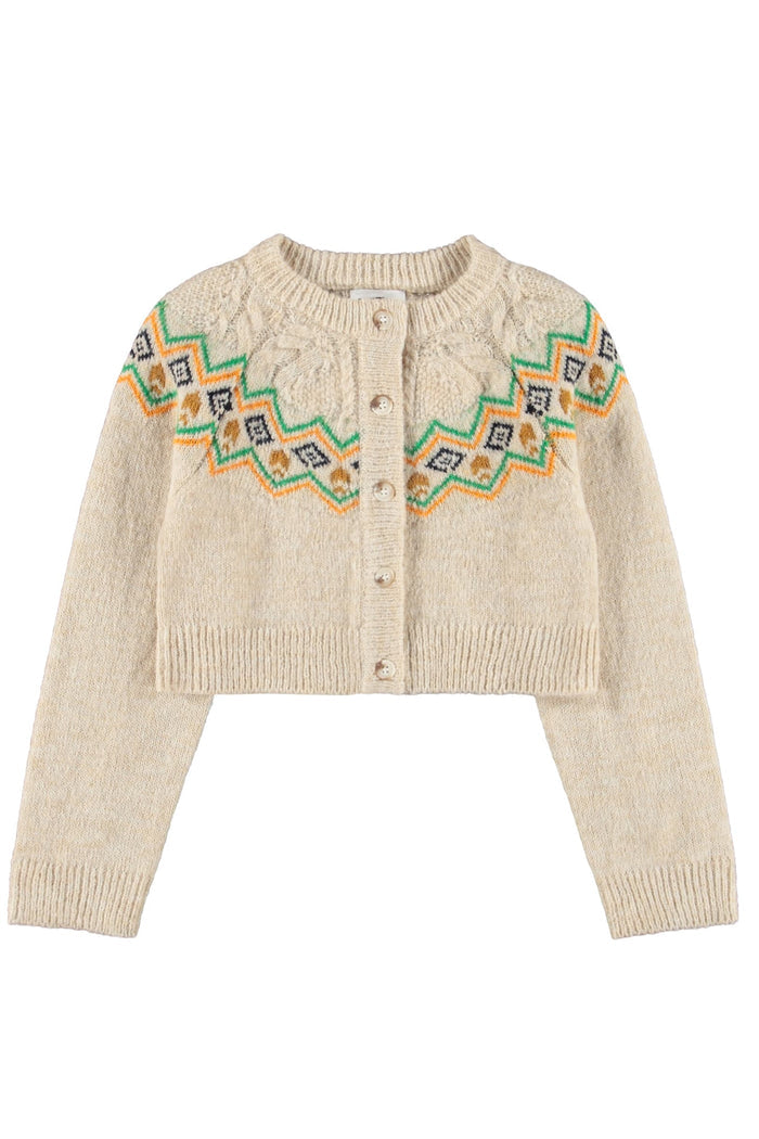 Beige cardigan with colorful geometric patterns on sleeves against a white background