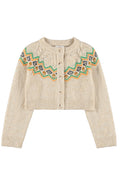 Beige cardigan with colorful geometric patterns on sleeves against a white background